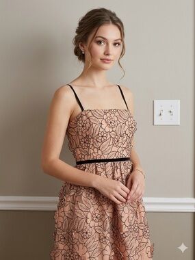 Jill Stuart Blush Pink Floral Lace A-Line Dress with Black Trim